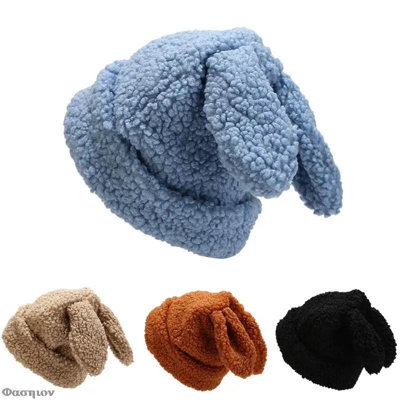 

Women's Cute Rabbit Ears Lamb Wool Beanie Hat Cap Men Cartoon Autumn Thick Woolen Winter Hat Streetwear Warm Bonnet Femme
