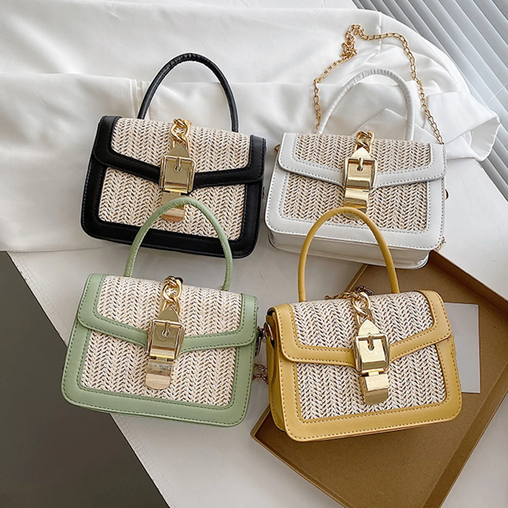 

Female Bag Woven PU Leather Patchwork Summer Beach Shoulder Crossbody Bags for Women Casual Ladies Chain Mini Purses and Handbag
