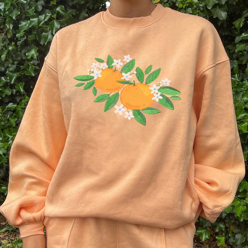 

Floral Y2k Hoodies Orange grunge Pullovers Long Sleeve cute O-Neck Blouse Harajuku Casual Winter High street women sweetshirts