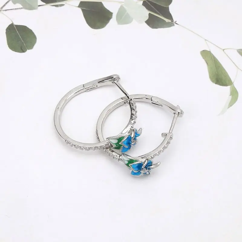 

Enamel Floral Zircon Blue Blooming Flower Hoop Earrings Women Fashion Jewerly E15E