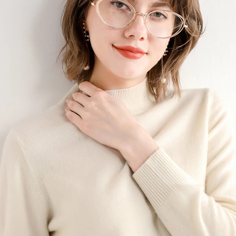 

Cashmere sweater 2021 spring and autumn new 100% pure wool women's half high neck pullover warm knit solid color tops Femasle
