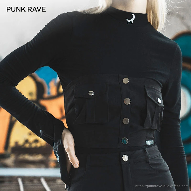 Черный PUNK RAVE Girl's Gothic Daily Single-breasted Black Tube Tops Club Casual Women Corset Top - Цвет: Черный