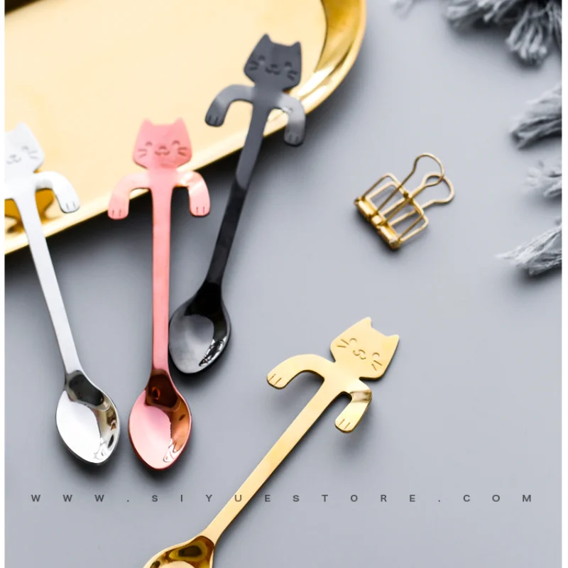 

Creative Cartoon Cute Cat Coffee Spoon Stainless Steel Stirring Spoon Dessert Spoon Can Be Suspended Along The Small Spoon Cup
