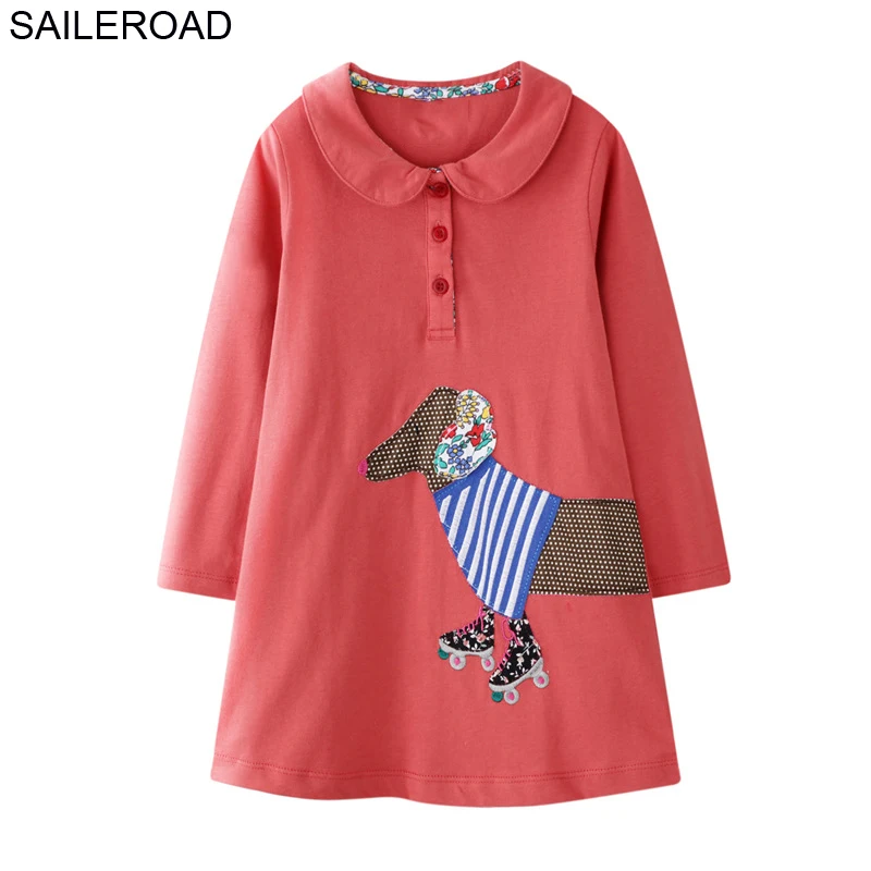 

SAILEROAD Long Sleeve Girls Dress with Animal Applique Autumn Cotton Toddler Dresses for Girls Clothes Turn-down Collar Dress