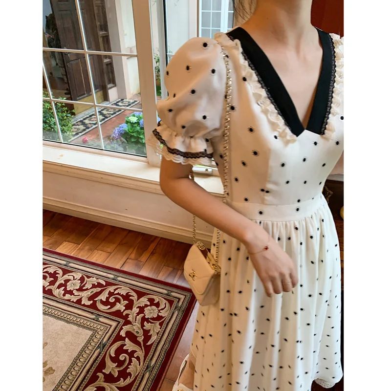 Женское платье в горошек с v-образным вырезом элегантное тонкое стиле ретро во