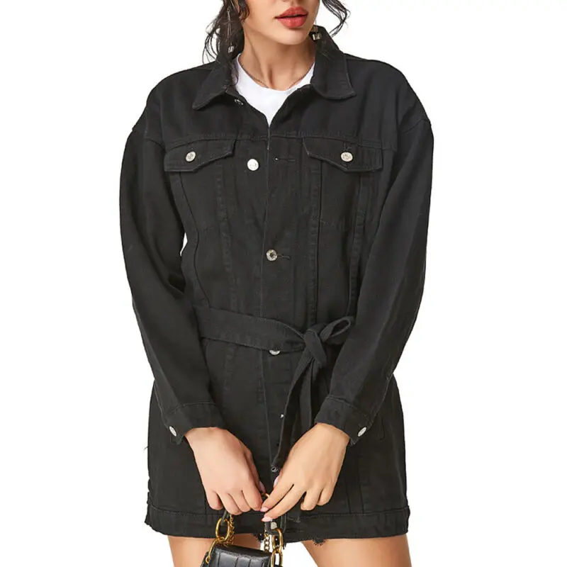 

Womens Long Sleeve Denim Biker Jacket Ladies Pocket Jeans Coat Outwear With Belt