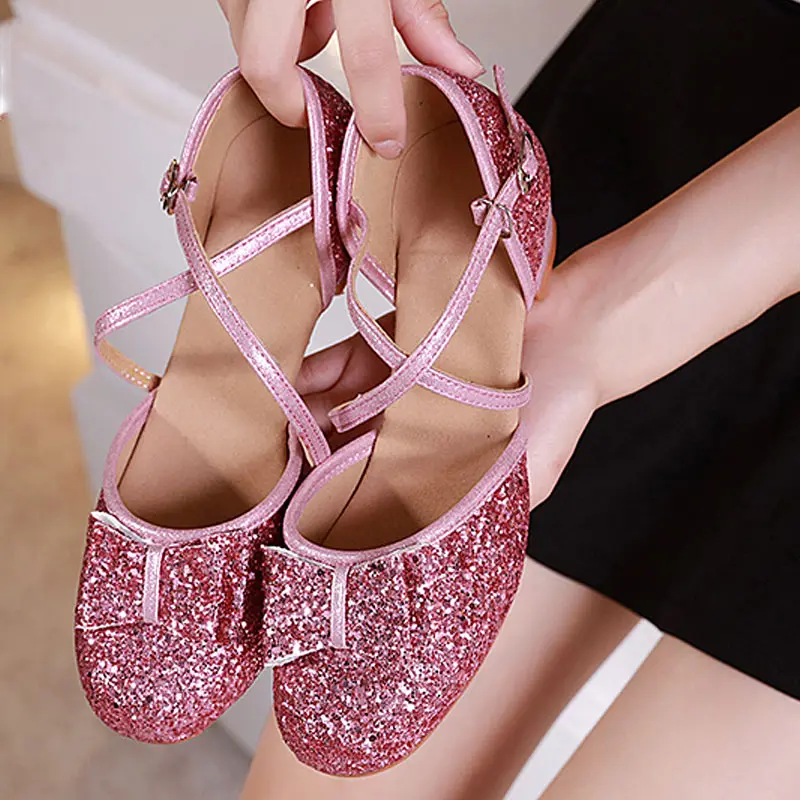 Children Latin Dance Shoes Kids Girls Tango Salsa Dance Shoe Pink Glitter Soft Sole Woman Jazz Ballroom Dancing Sandals