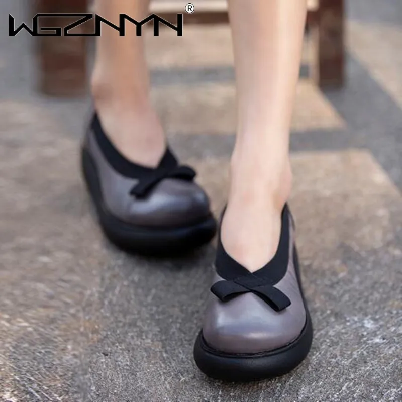 

2021 Genuine Leather Shallow Female Shoes Spring Autumn Basic Women Pumps Casual Round Toe Slip on Platform Sneakers Women