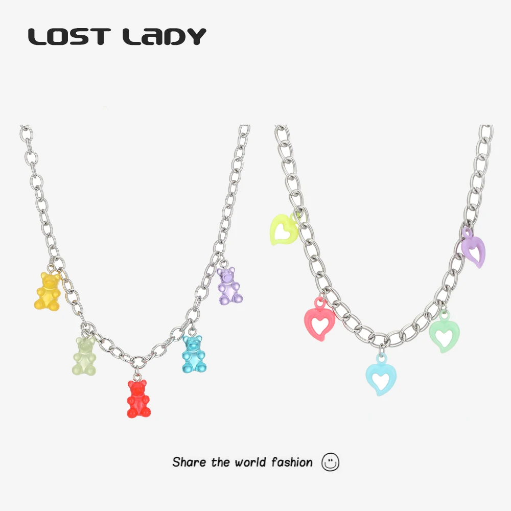 

Lost Lady 5 Colors Rainbow Bear Pendants Necklace for Women Candy Color Hip-Hop Charm Flower Necklaces Jewelry Girls Party Gift