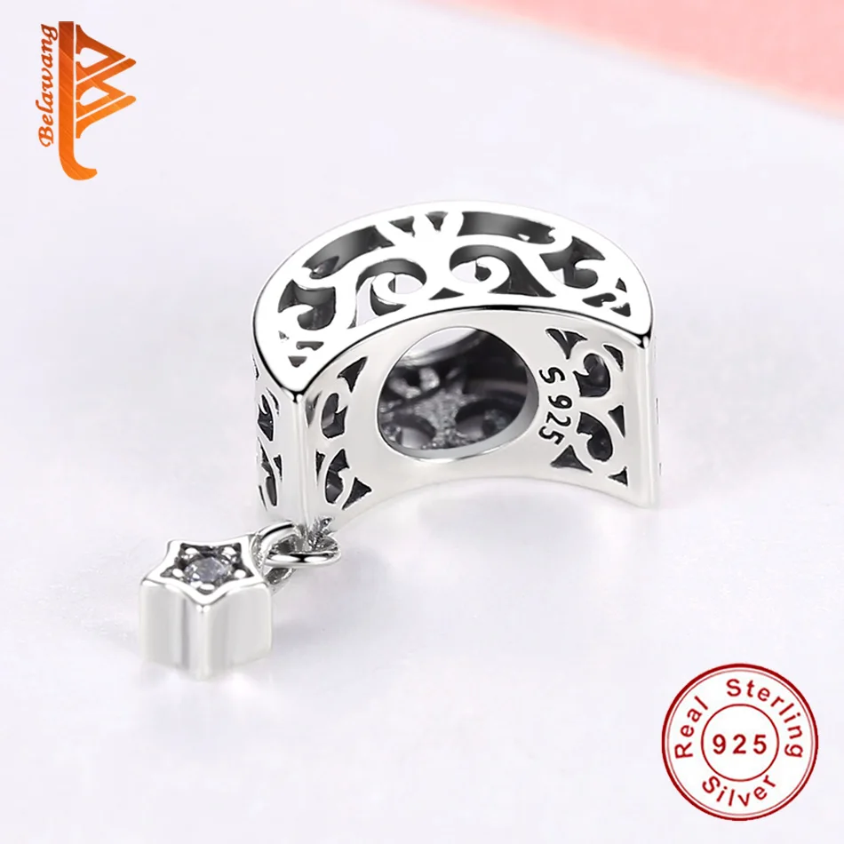 BELAWANG Luxury 925 Sterling Silver Openwork Moon and Star Goodnight Charm Beads fit Bracelet DIY Jewelry Valentine Day Gift | Украшения и