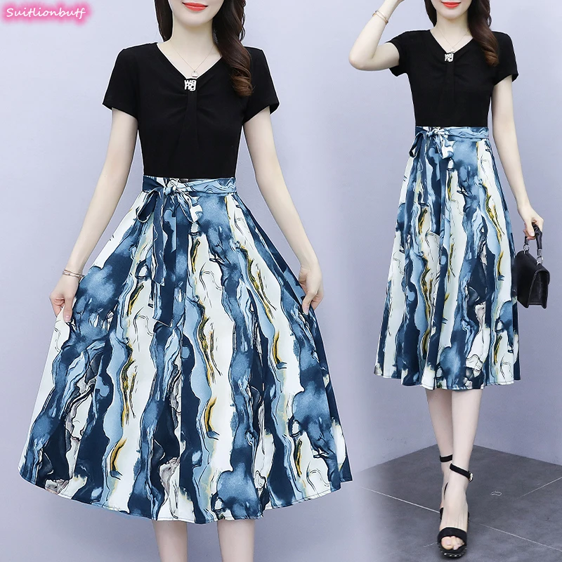 

Поддельные два комплекта Dressr из шифона; Одежда с коротким рукавом размера плюс с вышитым принтом свободные платья 2021 кружева, с тонкой талие...