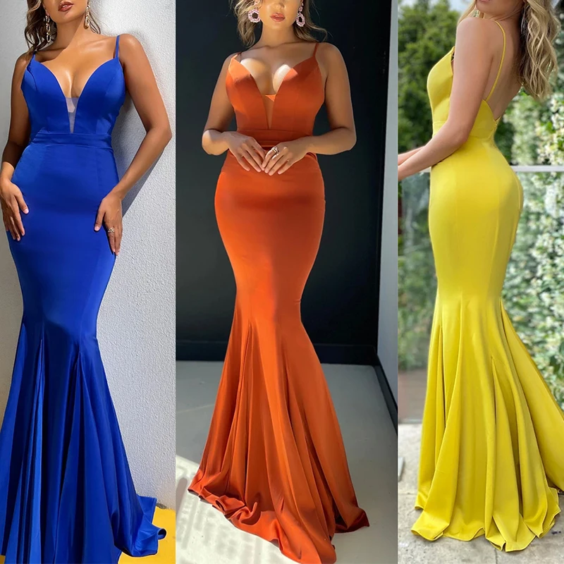 

2021 Summer New Arrival Backless Spghetti Strap Sleeveless Mermaid Graduation Dress Women Sexy V Neck Full Length Evening Robes