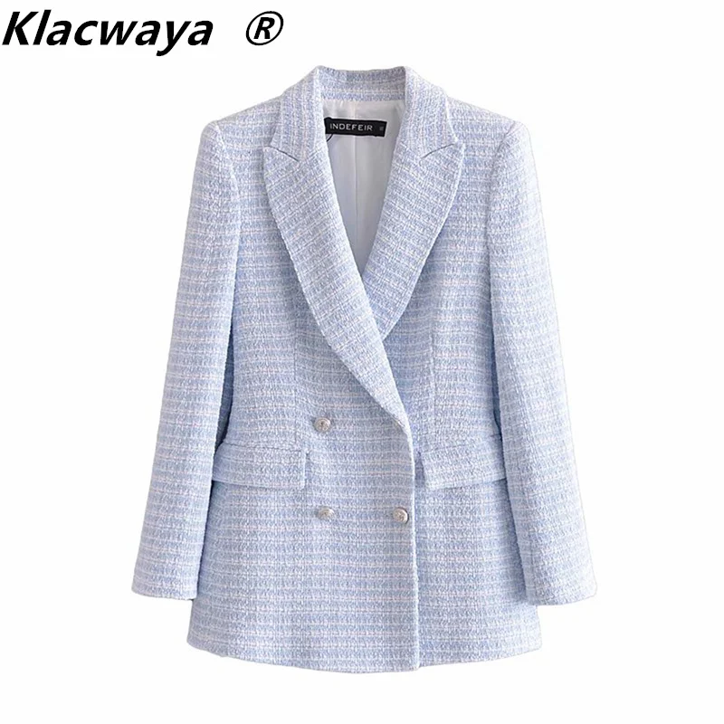 

Klacwaya Za 2021 Blazer Women Jacket Fashion Check Texture Blazers Vintage Long Sleeve Pockets Female Outerwear Chic Tops