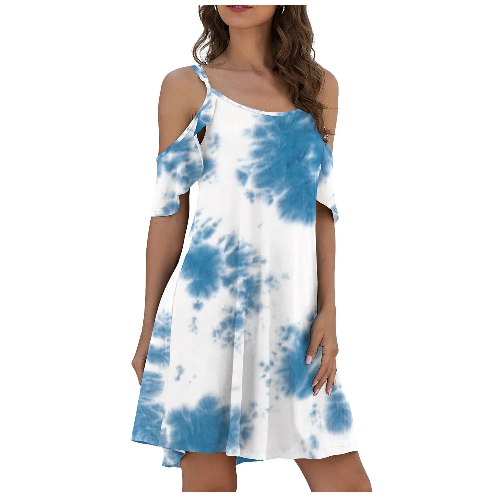

Tie Dye Casual Dress Summer Women Cold Shoudler Ruffle Sleeves Dresses With Pocket O Neck Elegant Mini Dress Vestidos
