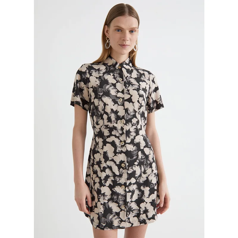 

2021 summer new black and white mottled shirt dress female ink printing button short skirt