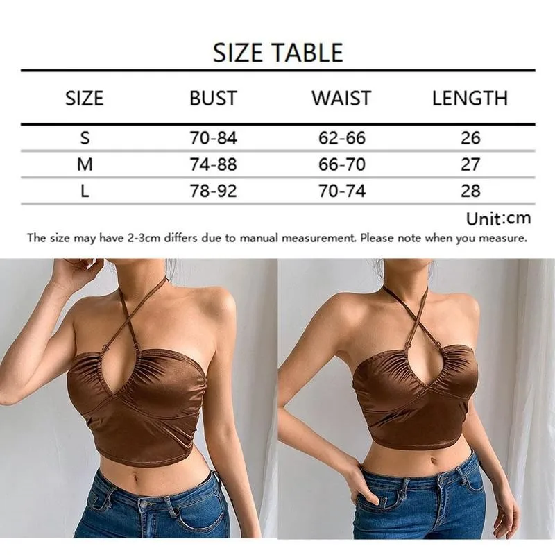 

Bohemian Sexy V Neck Sleeveless Satin Crop Tops Tees Beach Halter Summer Skinny Camisole Female Tops Backless Women Camisol Y0U8