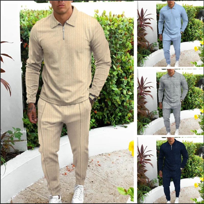 

Men's stripe Polo shirt suit Long sleeve zipper casual wear 2 sportswear Men's lapel fashion fitness jogging suit S-3XL