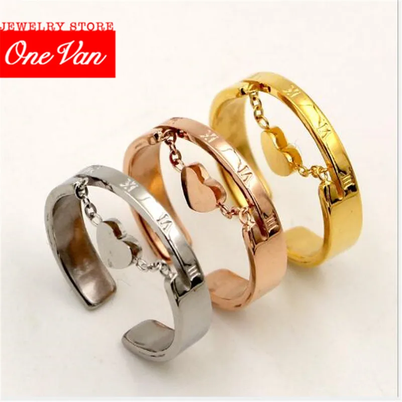 

2020 Roman titanium steel colorfast digital chain peach heart opening adjustable women's ring