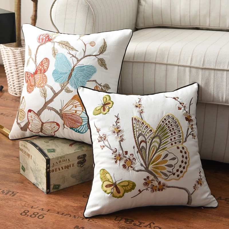 

J Butterfly Cushion Cover 45x45cm Floral Country Style Pillow Cover Cotton Embroidery Suqare Home decoration for Living Room