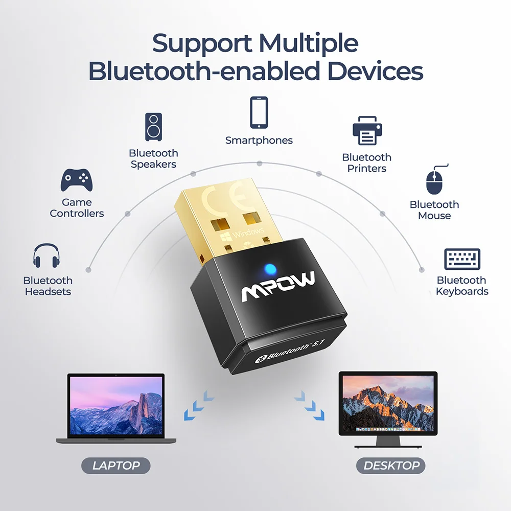 USB адаптер Mpow BH519 Bluetooth 5 1 приемник передатчик 2 в для ПК поддержка Windows 10/7 Linux ключ