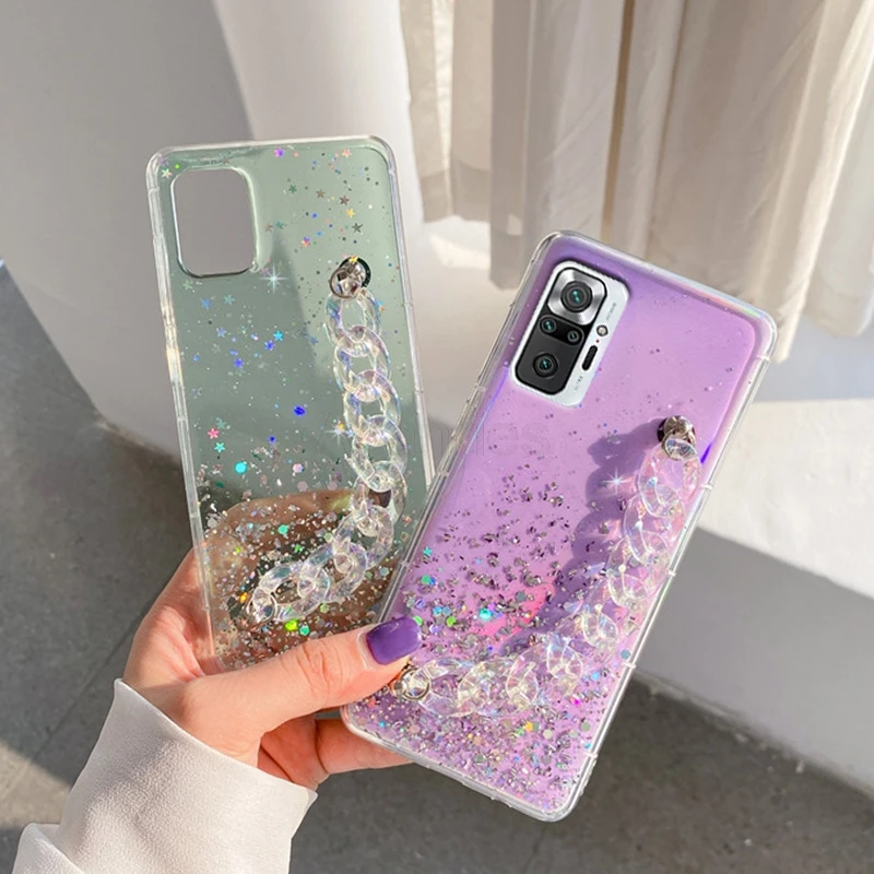 Bling Glitter Bracelet Chain Phone Case For Xiaomi Redmi Note 10 9 10s 9s Pro Max Redmi Note 9t 8t 8 7 Pro Wriststrap Back Cover