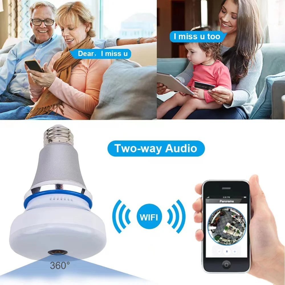 V380 bulb camera wireless dual light source home panoramic monitoring head 360 degree VR fisheye network HD | Безопасность и