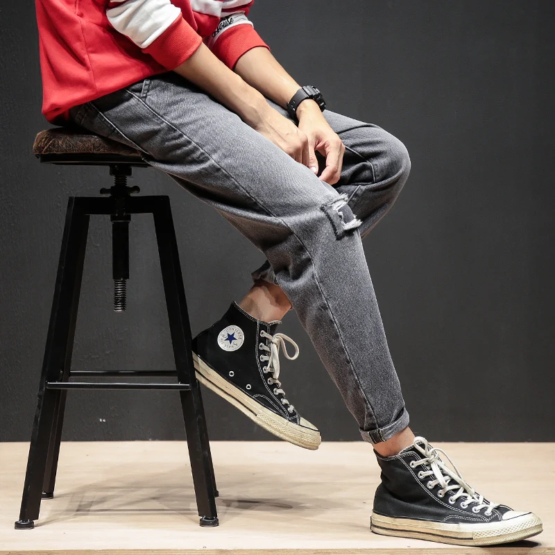 Мужские рваные джинсы с дырками скинни от известного дизайнера байкерские