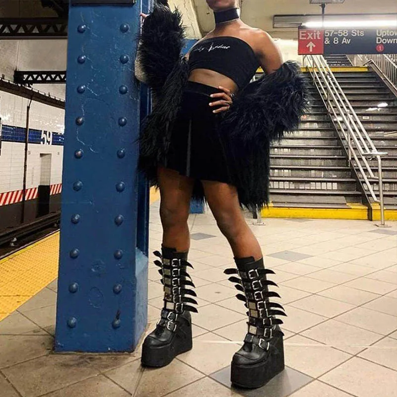 Punk Style Brand Ladies Motorcycle Boots Black Fashion Wedge High Heel Shoes Autumn Winter Gothic Demonias Platforms Woman Boots