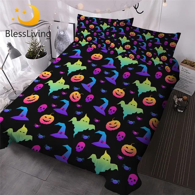 BlessLiving Happy Halloween Bedding Set 3pcs Cartoon Duvet Cover Broom Pumpkin Kids Bed Cover Hat Candy Bat Colorful Bedspreads 1