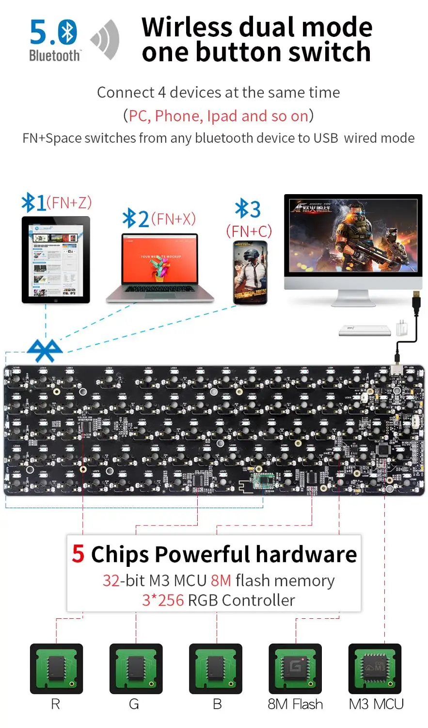 SK73S Mechanical Keyboard Bluetooth Wireless Gateron Optical Switch RGB Backlit Gaming Waterproof Macro Programe Gamer GK61