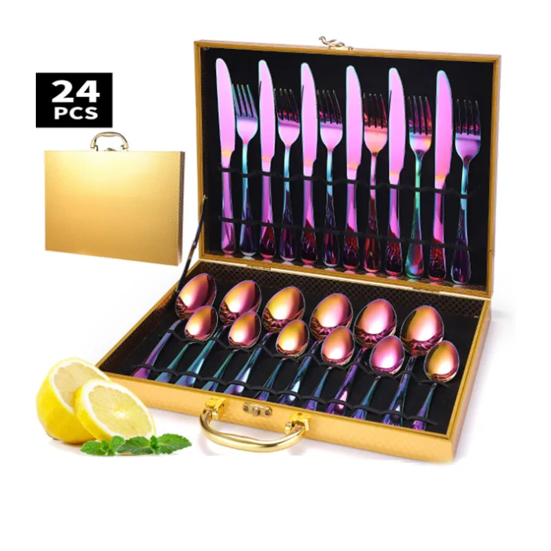 

24pcs Gold Dinnerware Set Stainless Steel Tableware Set Knife Fork Spoon Flatware Set Dishwasher Safe Cutlery Set Gift Box