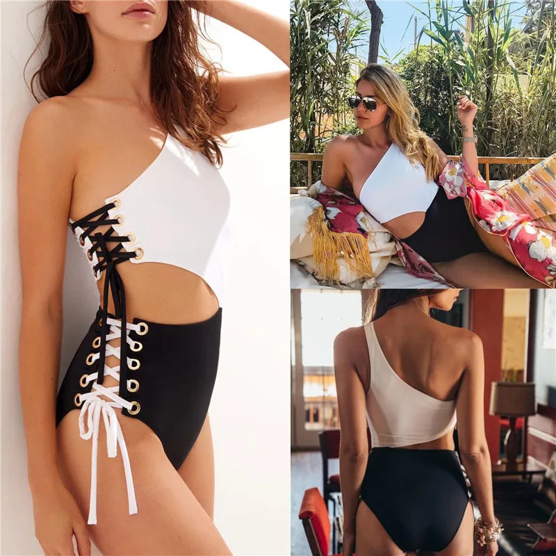 

2021 New Fashion Hot Sale Women One Piece Monokini Swimwear, One Shoulder Lace Up Cut Out Color Block Swimsuits Wholesale