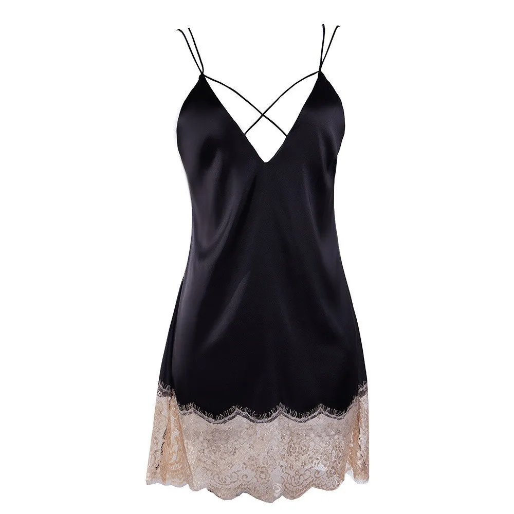 

Sexy Ladies Night Dress Nuisette Silk Sleepwear Satin Nightgown V-neck Slip Nighties Summer Lace Night Gown Lingerie For Women