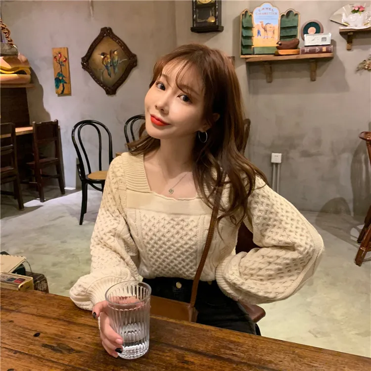 

HED Knitted Sweater Women 2020 New Square Collar Pullovers Korean Chic Puff Sleeve Tops Jumper Sweet Pull Femme
