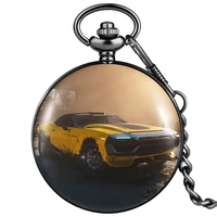 yellow handsome sports car white big dial upscale black flip cover quartz pocket watch pendant the gift for boyfriend husband