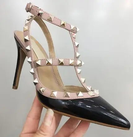 

ladies designer brand High Heels sandal Nude Pointed toe Ankle Straps pin-buckle Rivets Shoes studs Sexy Covered stiletto heel