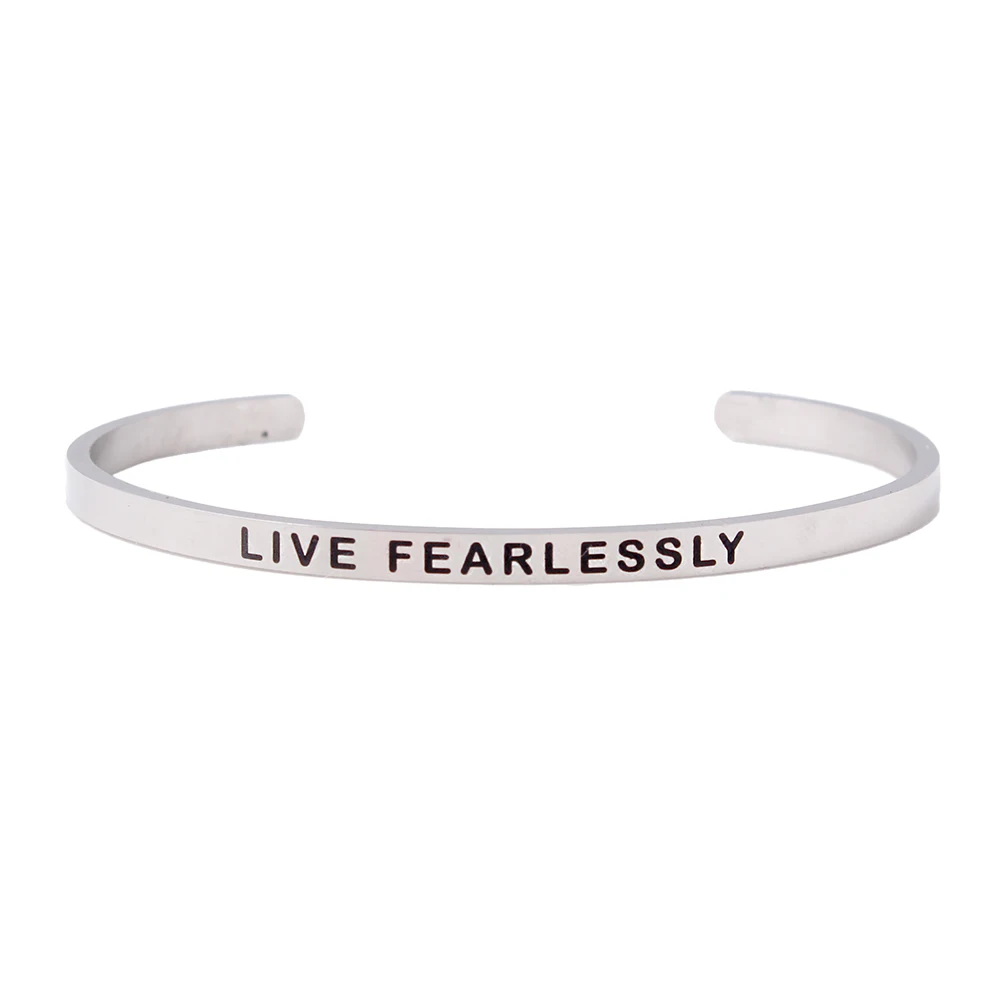 4MM &quotLIVE FEARLESSLY" Stainless Steel Engraved Positive Inspirational Quote Cuff Mantra Bracelet Initial Custom Bangle |