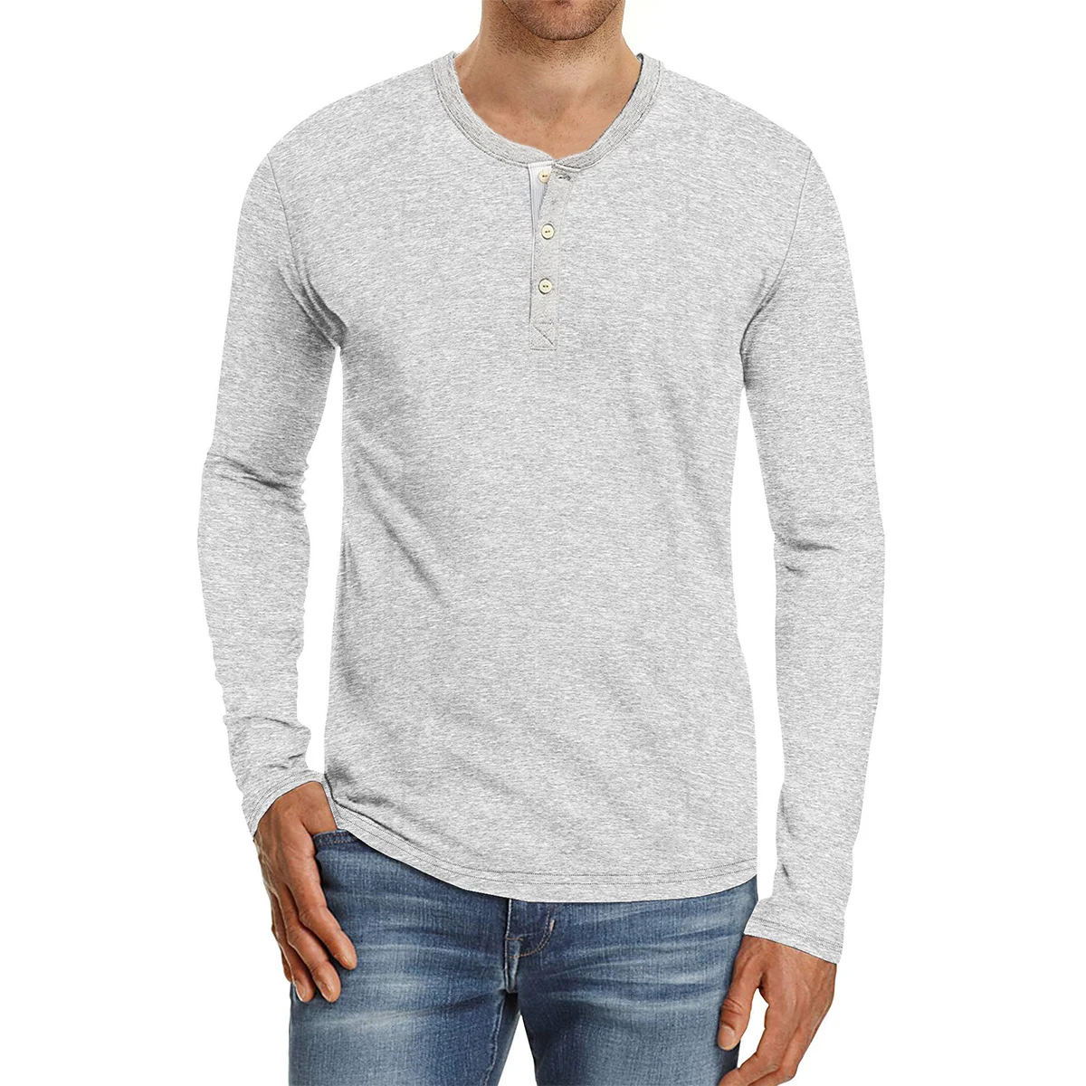 Mens Solid Color T-Shirts Autumn Long Sleeve Casual Buttons Crew Neck Shirts Slim Fashion Tops Male Clothes Outfits | Мужская одежда