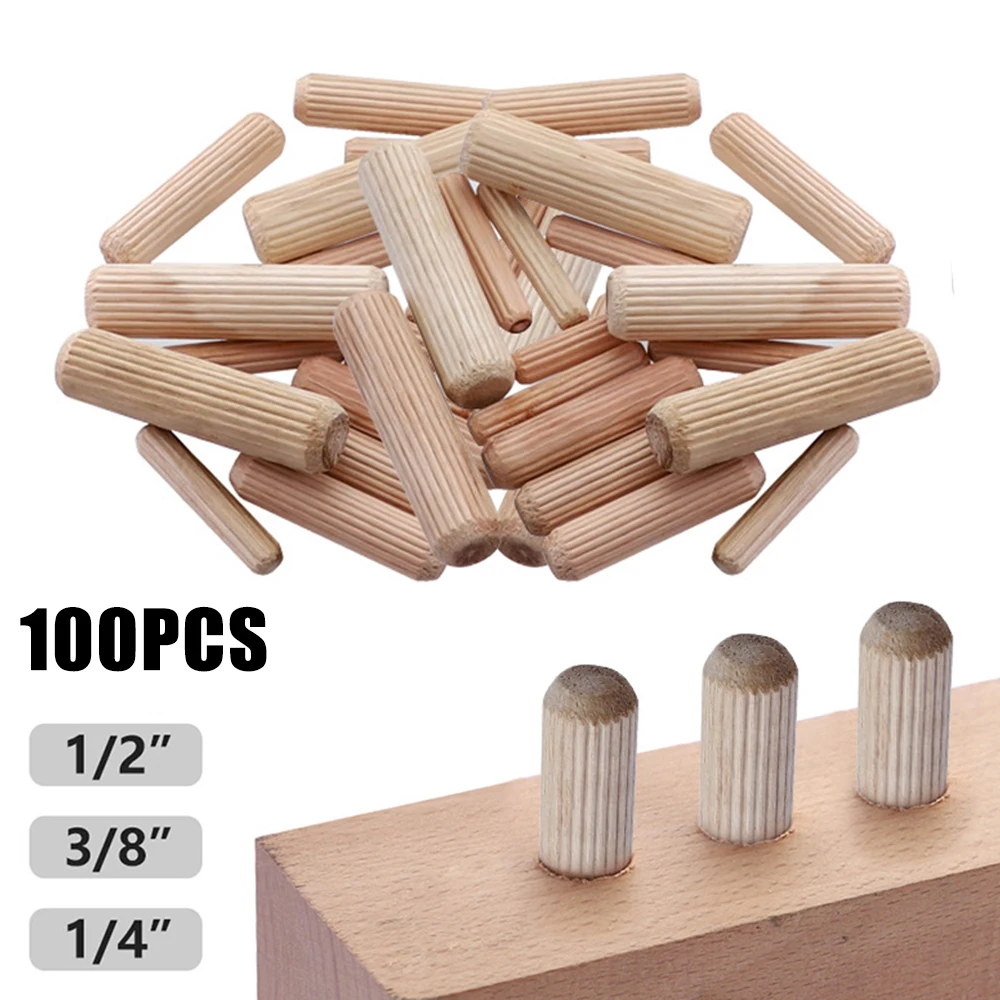 

100pcs Hardwood Wooden Dowel Cabinet Drawer Round Fluted Wood Craft Pins Rods Set Straight-grained Wood Tips 1/2'' 3/8'' 1/4''