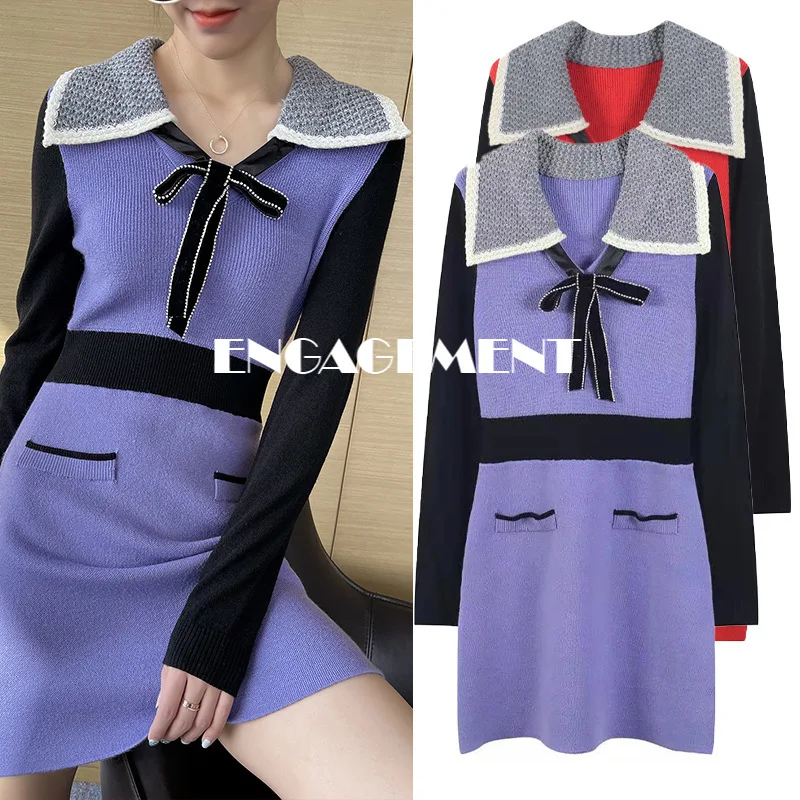 

ENGAGEMENT Autumn Majeth 2021 New French Bow Sharp Collar Slim Color Matching Knit Dress Women's Dress