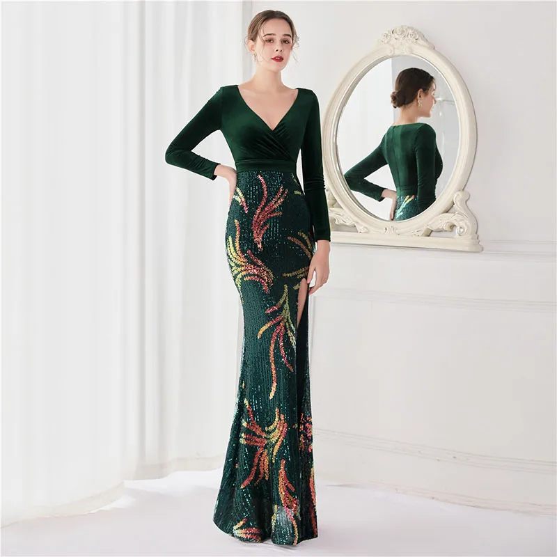 

2020 velvet ten-bead piece long-sleeved fishtail evening dress women's high-end atmosphere elegant banquet annual meeting temper