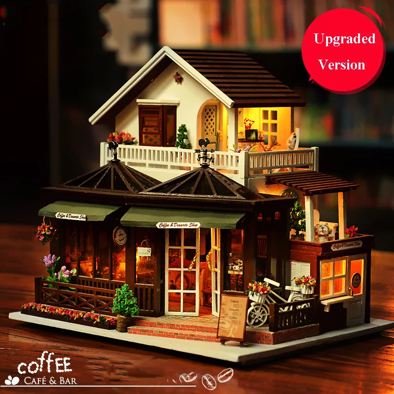 

Large Coffee Wooden Doll House Manual Assembling Model Toys Diy Wooden Hut House With Led Light Music Small Tools Birthday Gift