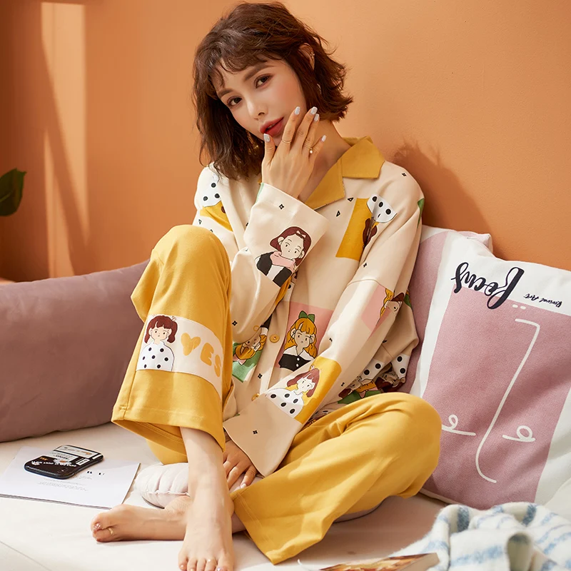

Cartoon Nightwear Scarf Girl Pattern Sleepwear Women's Cotton Pajama Casual Home Wear Fresh Style Pijama Mujer Cute Loose Pyjama