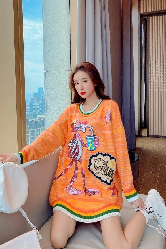 

European station net celebrity lazy bf sequin pink pullover sweater women loose age-reducing knit sweater