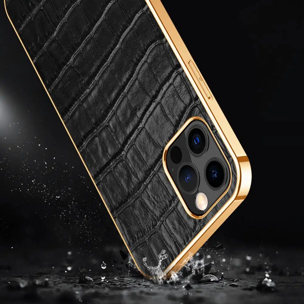 Genuine Leather Case For Iphone 13 12 11 14 Pro XS Max Case Electroplate Coque For Iphone X XR 11 12 Mini 13 Mini 14 Plus Cover