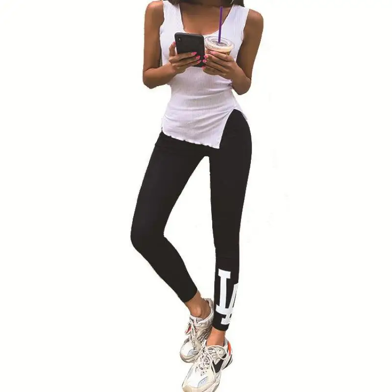 

Women's elastic letter printing elastic waist bottoming pants cropped trousers