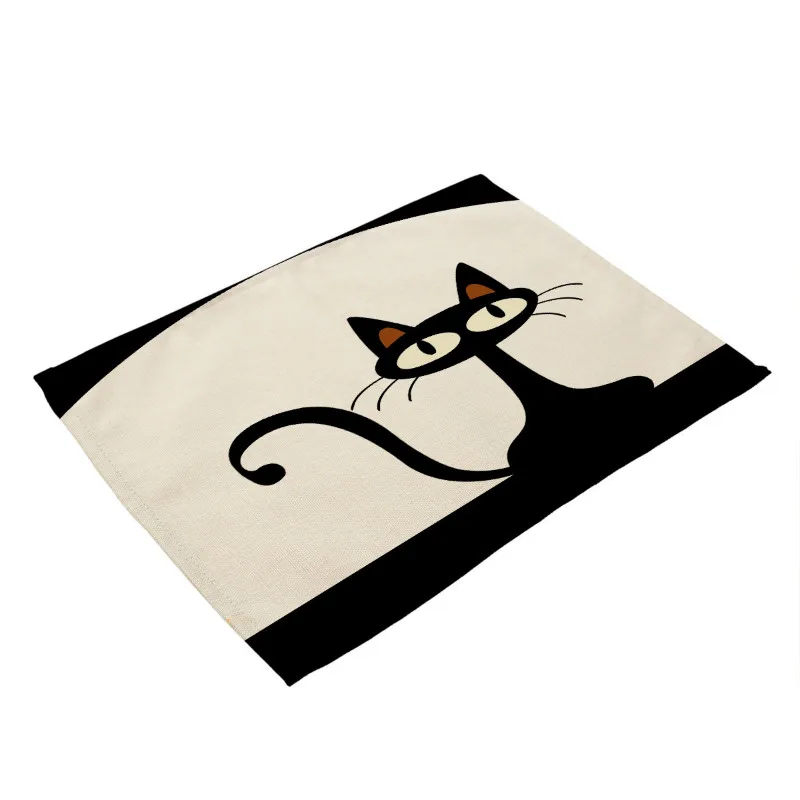 

Cute Black Cat Pattern Kitchen Placemat Dining Table Mats Drink Coasters Western Pad Cotton Linen Cup Mat 42*32cm