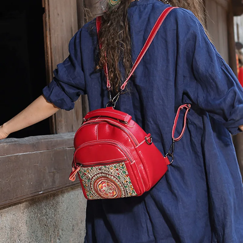 Новый Ретро женский рюкзак из натуральной кожи ручная вышивка сумка на плечо