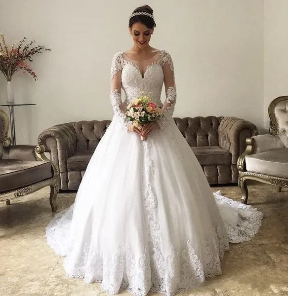 

Princess Arabic Ball Gown Wedding Dresses Country Long Sleeves Garden Train Appliques Lace Luxury Dubai Turkey Wedding Gowns