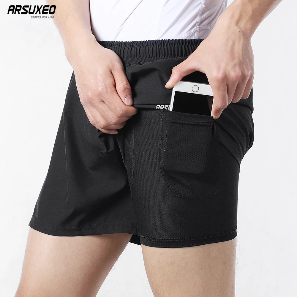 

ARSUXEO 2 In 1 Men Running Shorts with Phone Pocket Breathable Quick Dry Polyester Marathon Shorts Gym Fitness Sports Shorts